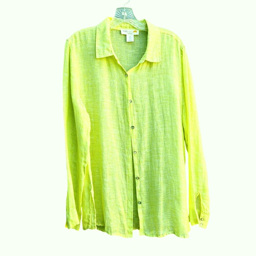 Bright Yellow Linen Long Sleeve Blouse Mother of Pearl Buttons Size L Lagenlook